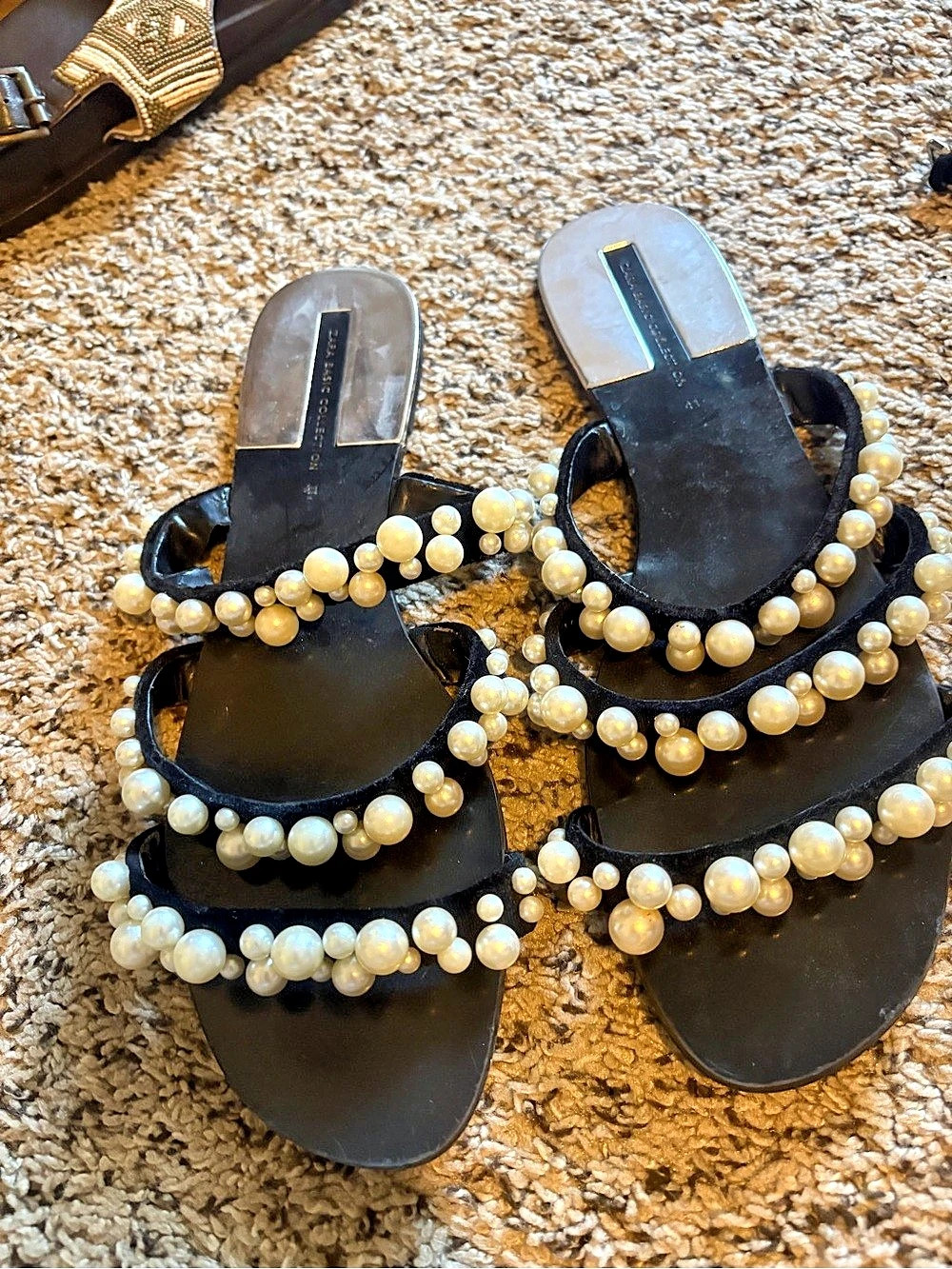 Zara Pearl Embellished Black & White Sandals